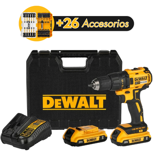 KIT DEWALT® Taladro de Alto Impacto + 26 Accesorios + 2 Baterías